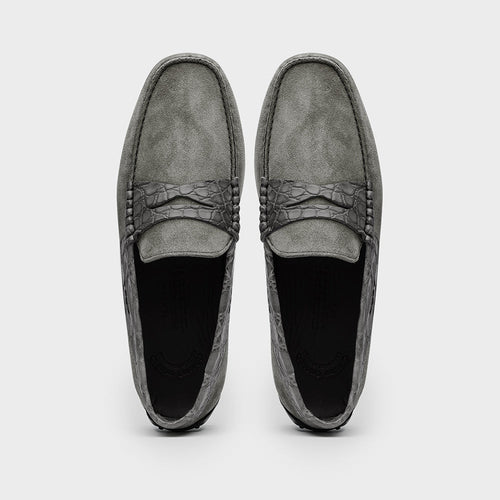 31-160-GRY MONZA Sueded Calfskin with Crocodile Driver, Grey