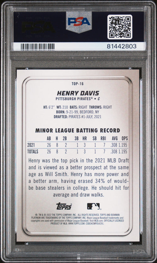 Graded 2022 Topps Bowman Platinum Henry Davis #TOP16 T/P Aqua Ice Foilboard #/250 Rookie RC Baseball Card PSA 10 Gem Mint