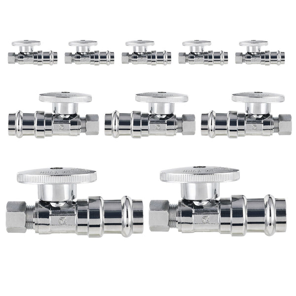 10 Pcs 1/2" Press x 3/8" OD Compr. Straight Stop Valve, 1/4 Turn (Lead Free) Plumbingsell