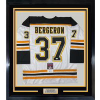 Framed Autographed/Signed Patrice Bergeron 35x39 Boston White Hockey Jersey JSA COA