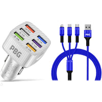 PBG LED 6 Port Car Charger and 4Ft. 3-in-1 Cable Combo