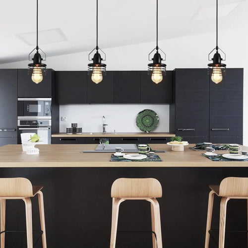 Pendant Light Kitchen Island – Industrial Black Metal Cage Fixture