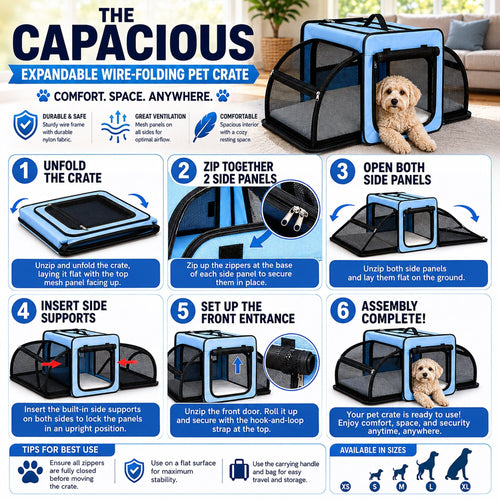 Pet Life ® 'Capacious' Dual-Sided Expandable Spacious Wire Folding Collapsible Lightweight Pet Dog Crate Carrier House