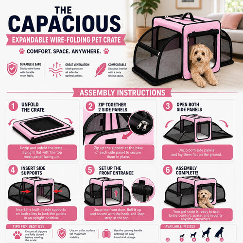 Pet Life ® 'Capacious' Dual-Sided Expandable Spacious Wire Folding Collapsible Lightweight Pet Dog Crate Carrier House