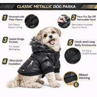 Pet Life ® Classic Metallic Fashion 3M Insulated Dog Coat Parka  w/ Removable Hood