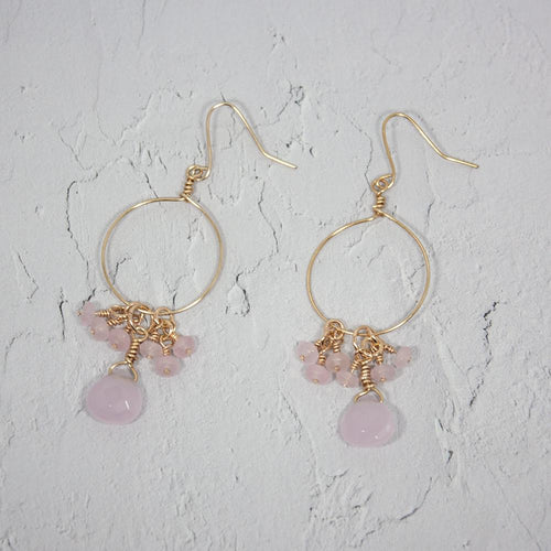 Pink Chalcedony Jade Cluster Hoop Earrings Gold Dainty