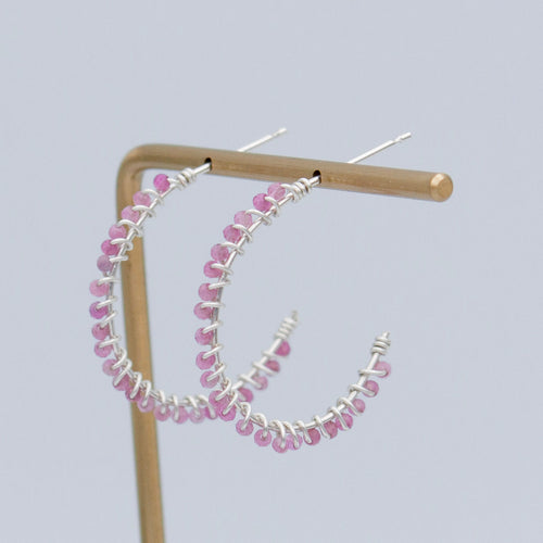 Pink Tourmaline Sterling Silver Hoop Earrings Petite