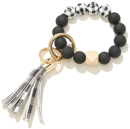 Plaid Black White Wristlet Keychain Bracelet