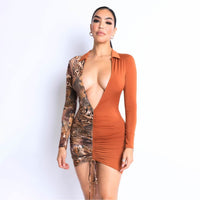 Print Blocked Ruched Front Deep V Dress