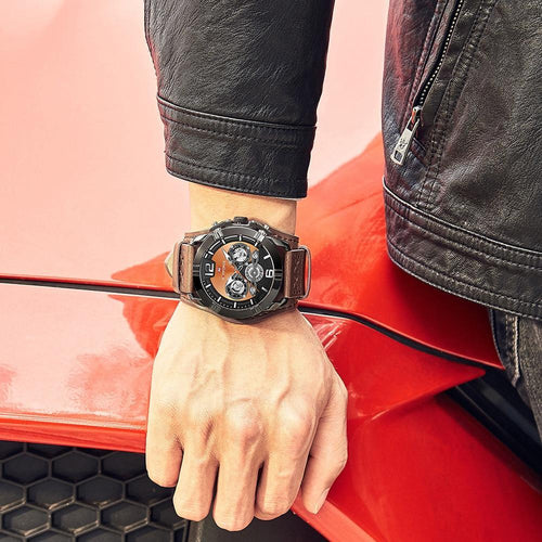 Men's Leather Waterproof Watch With Chronometers And Fluorescent Hands Excellent Design Perfect Gift
