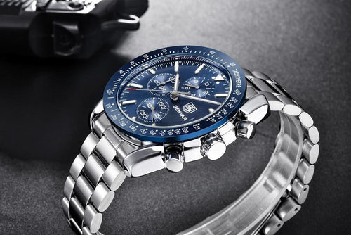 New Men Silver Blue Watch Business Analog Chronogragh Full Steel Luxury Casual Male Waterproof Sports Design Watches