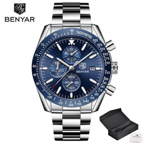 New Men Silver Blue Watch Business Analog Chronogragh Full Steel Luxury Casual Male Waterproof Sports Design Watches