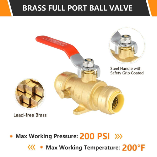 3/4" Push Fit Ball Valve With Drain Drop Ear, Red Lever (Lead Free)
