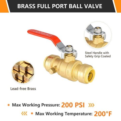 10 Pcs 3/4" Push Fit Ball Valve With Drain, Red Lever (Lead Free)