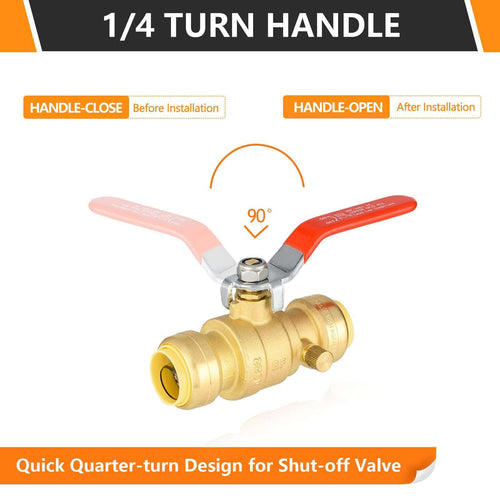 3/4" Push Fit Ball Valve With Drain, Red Lever (Lead Free)