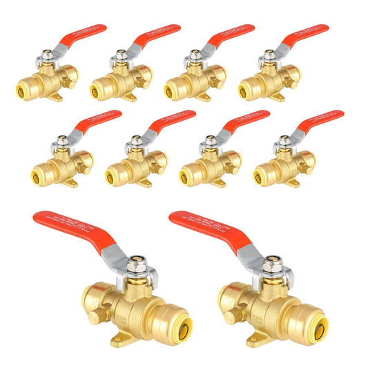 10 Pcs 3/4" Push Fit Ball Valve With Drain Drop Ear, Red Lever (Lead Free)