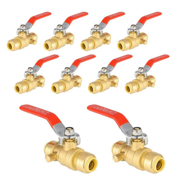 10 Pcs 3/4" Push Fit Ball Valve With Drain, Red Lever (Lead Free)