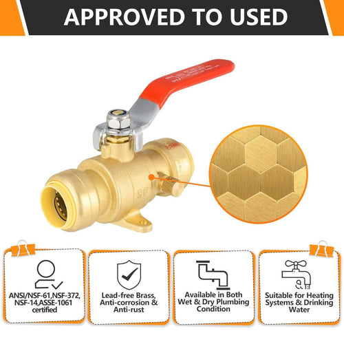 10 Pcs 3/4" Push Fit Ball Valve With Drain Drop Ear, Red Lever (Lead Free)