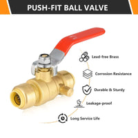 1/2" Push Fit Ball Valve With Drain, Red Lever (Lead Free)