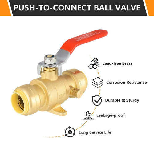 3/4" Push Fit Ball Valve With Drain Drop Ear, Red Lever (Lead Free)