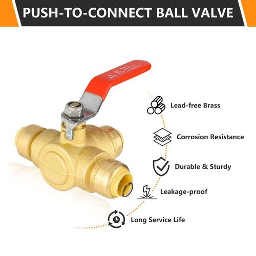 1/2" Push Fit 3 Way Ball Valve, Red Lever (Lead Free)