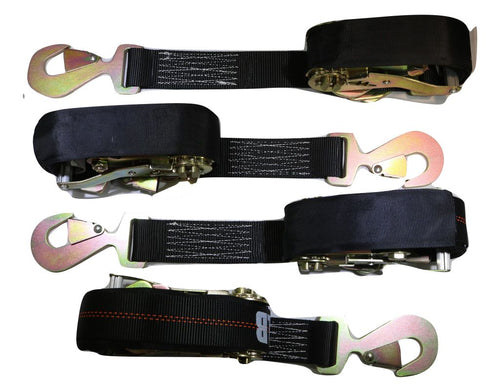 Qty 4 Axle Strap Tie Downs 24" Long & Qty 4 Ratchet Tow Straps Car Haulers, BLACK | R208ATDBK/AS24BK