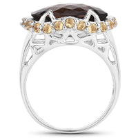 Two Tone Plated 9.58 Carat Genuine Smoky Quartz & Citrine .925 Sterling Silver Ring