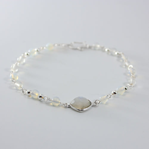 Rainbow Moonstone Opalite Beaded Bracelet Sterling Chain