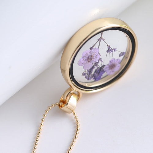 Real Dried Purple Flowers Necklace in Gold Glass Pendant