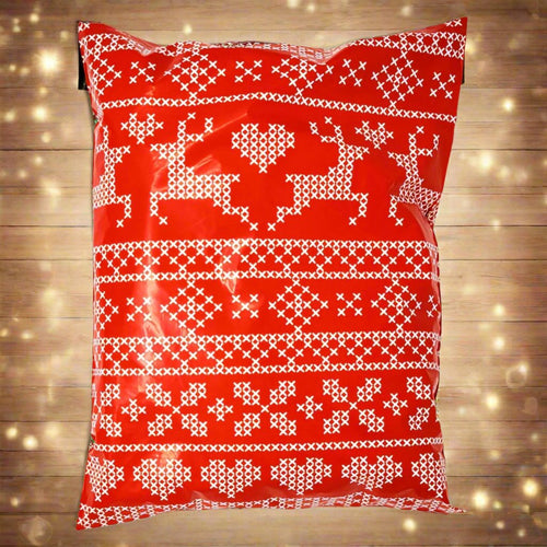 Red Reindeer Poly Mailers Size 10x13 Christmas Sweater Design Shipping Bags