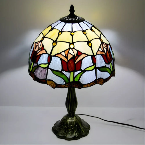 Red Tiffany-Inspired Lamp with Tulip Glass Design