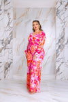 Plus Size Floral Print Jumpsuit with Long Bishop Split Sleeves - Pink