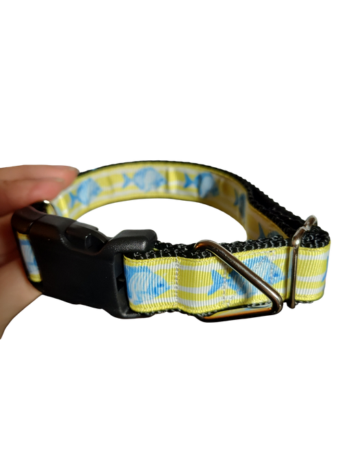 Fish On Yellow Stripes Nylon Dog Collar