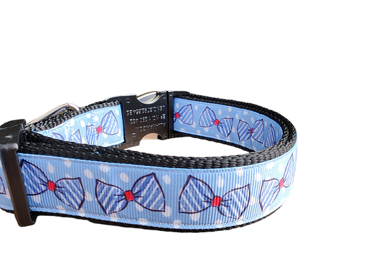 Blue Bow Ties Black Nylon Dog Collar MD, LG, XL, Leash