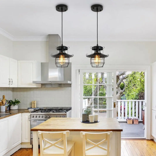 Rustic Black Pendant Light for Island with Adjustable Cage Design