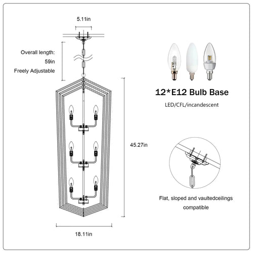 Rustic Modern Hanging Light Living Room with 12 Bulbs and Silver Finish