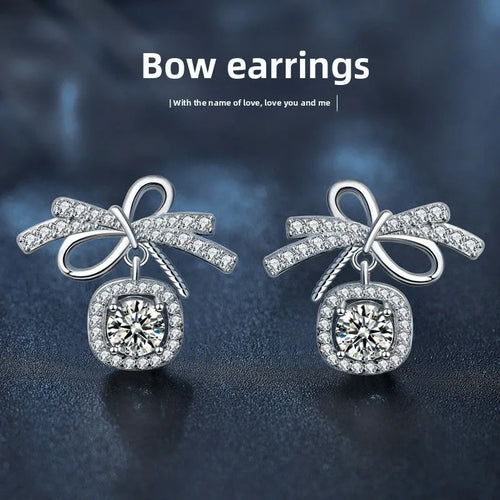 S925 Sterling Silver Moissanite Stud Earrings 0.5ct×2 Bow Fringe Dangle Women