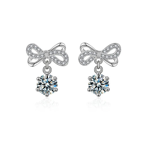 S925 Sterling Silver Moissanite Stud Earrings 0.5ct×2 Bow Fringe Dangle Women