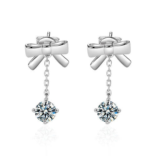 S925 Sterling Silver Moissanite Stud Earrings 0.5ct×2 Bow Fringe Dangle Women