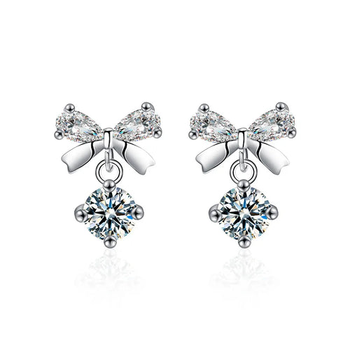 S925 Sterling Silver Moissanite Stud Earrings 0.5ct×2 Bow Fringe Dangle Women