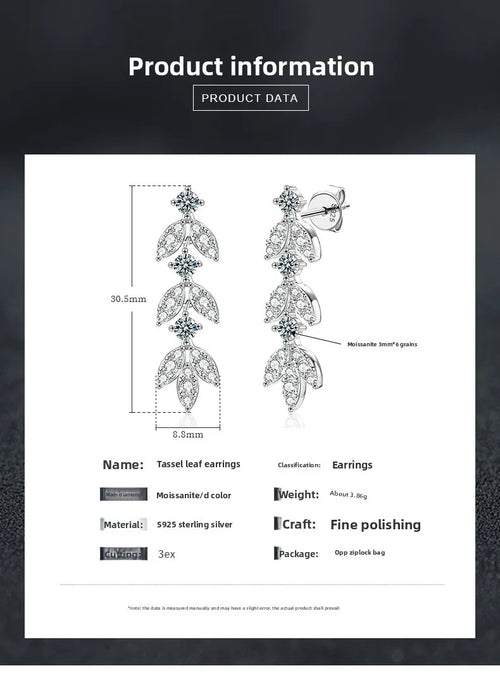 S925 Sterling Silver Moissanite Dangle Earrings Fringe Drop Studs for Women