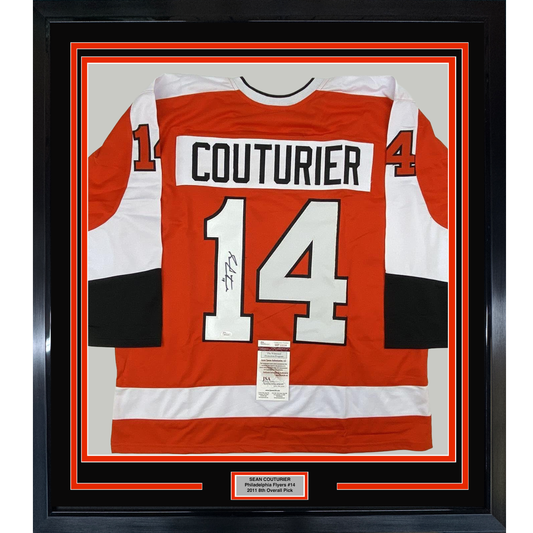 Framed Autographed/Signed Sean Couturier 35x39 Philadelphia Orange Hockey Jersey JSA COA