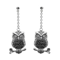 Silver Owl Dangle Earrings Long Chain Night Owl Charm