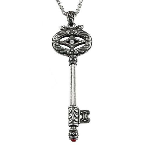 Silver Vintage Key Necklace Pendant Long Chain Charm