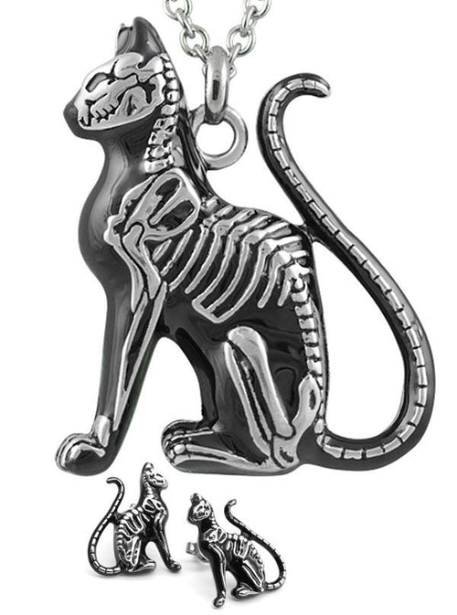 Skeleton Cat Necklace And Earrings Set Gothic Jewelry