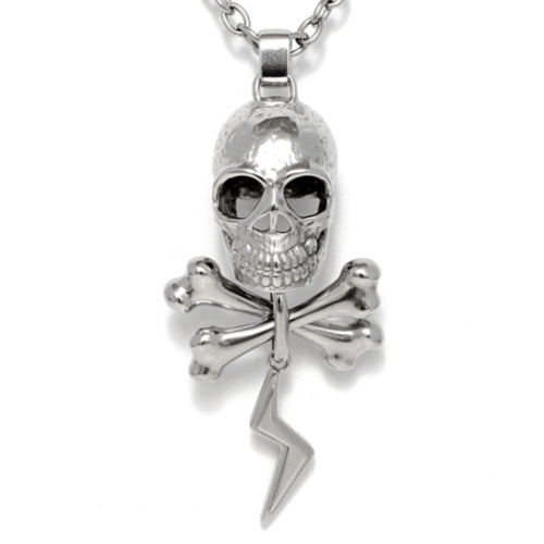 Skull And Bones Thunder Pendant Necklace Mens Steel