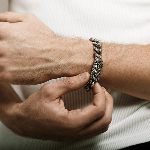 Skull Chain Bracelet Mens Stainless Steel Heavy Cuban Link