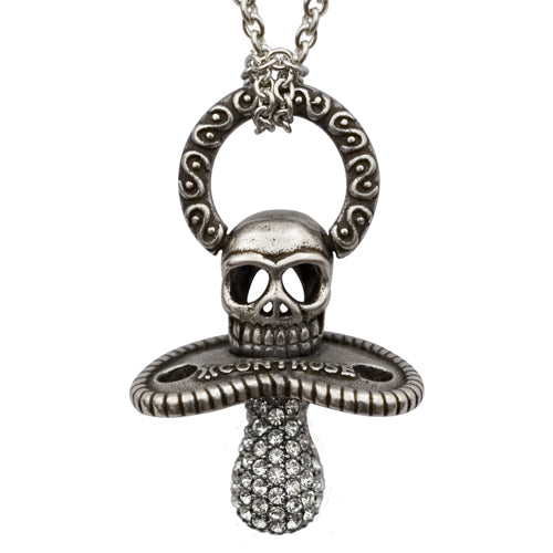 Skull Pacifier Necklace White CZ Crystal Pendant Silver