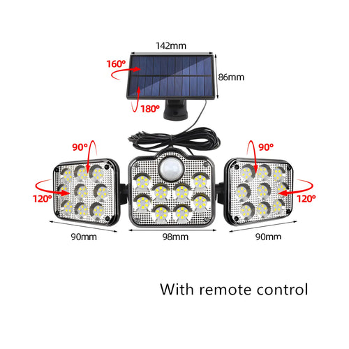 Solar Lamp Outdoor Flood Light with Motion Sensor, 3 Heads, IP65 Waterproof