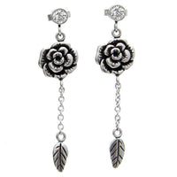Sterling Floral Hibiscus Dangle Earrings With Leaves
